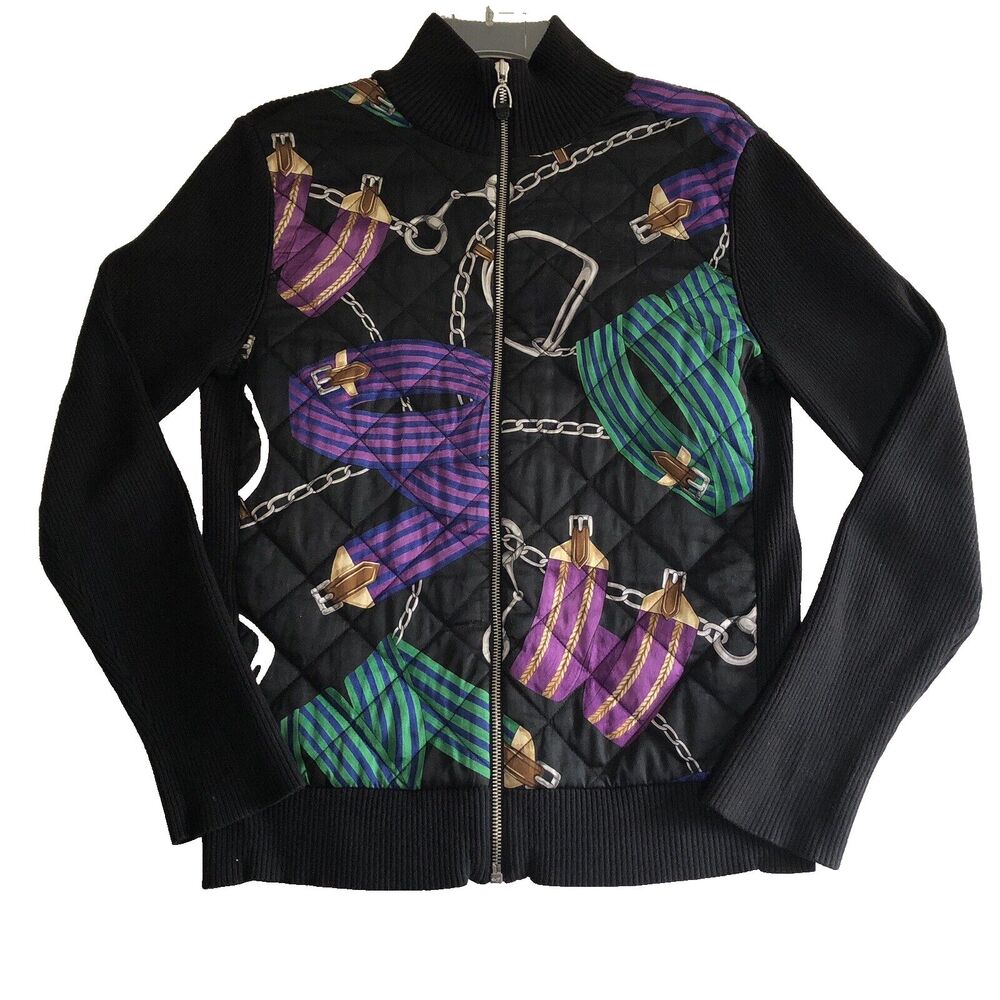 Lauren Ralph Lauren Jacket Womens L Black Quilt Equestrian Print Ribbed Sweater